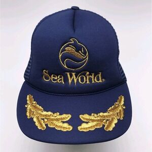 Vtg Sea World Orca Hat Snapback Trucker Rope Embroidered Blue Gold Killer Whale